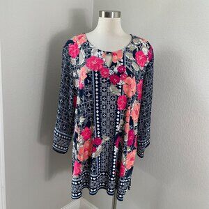 JM Collection Woman Plus 3X Floral Tunic Top Keyhole Neck Long Sleeve Shirt